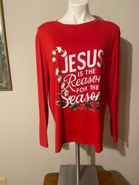 Red Holiday Long Sleeve Tee - "Jesus is the Reason for the Season"